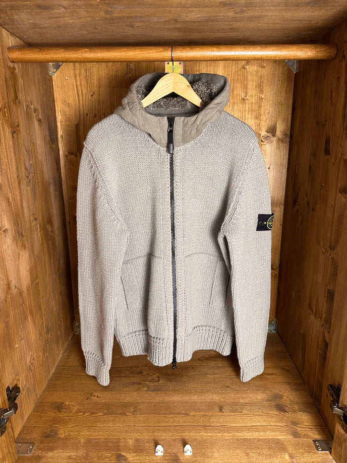 AW13 CROCHET WOOL HOODED JACKET in Stone Grey