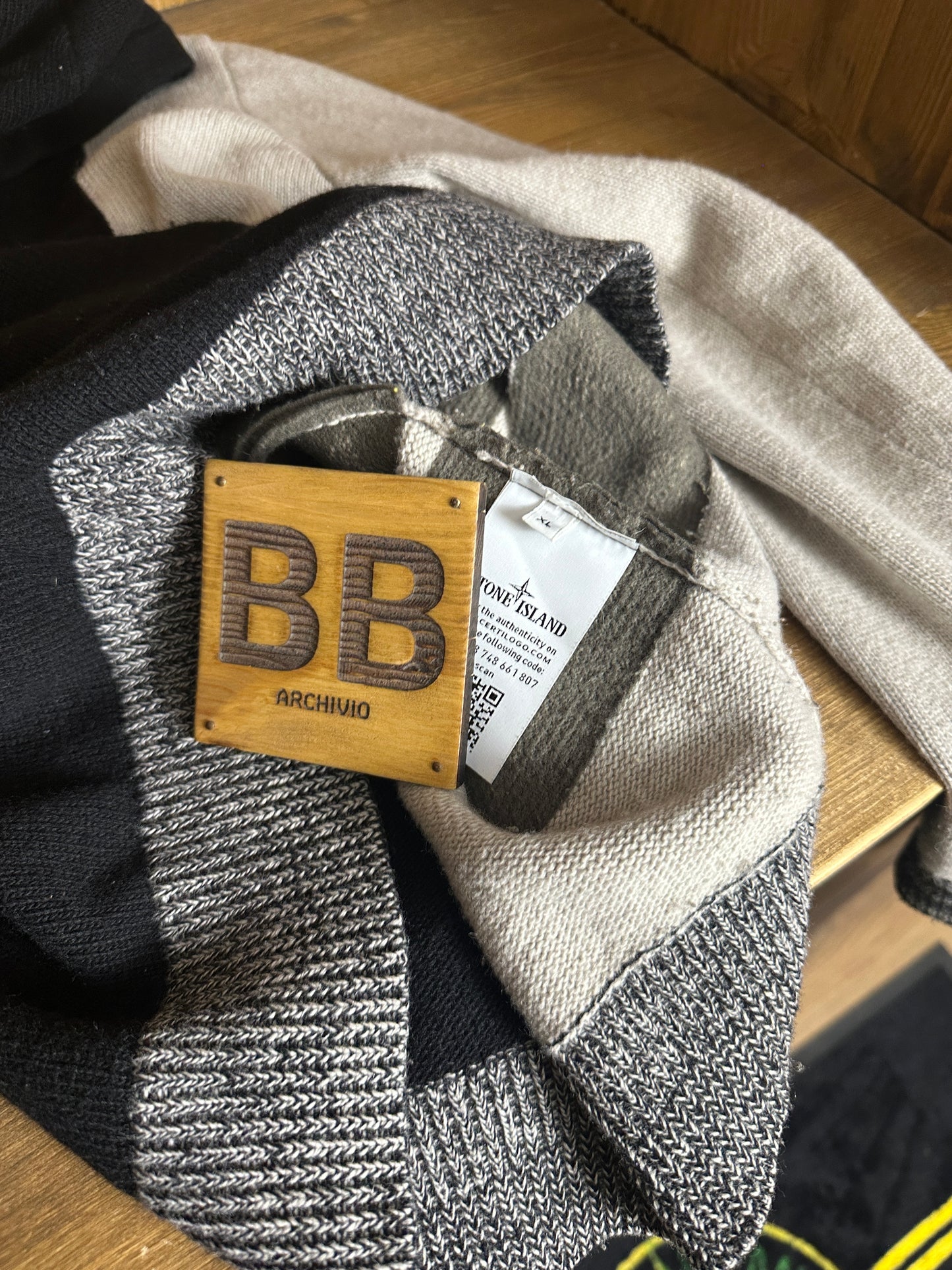 AW21 EMBROIDERED COMPASS WOOL HOODIE in Black & Grey Silk Grey