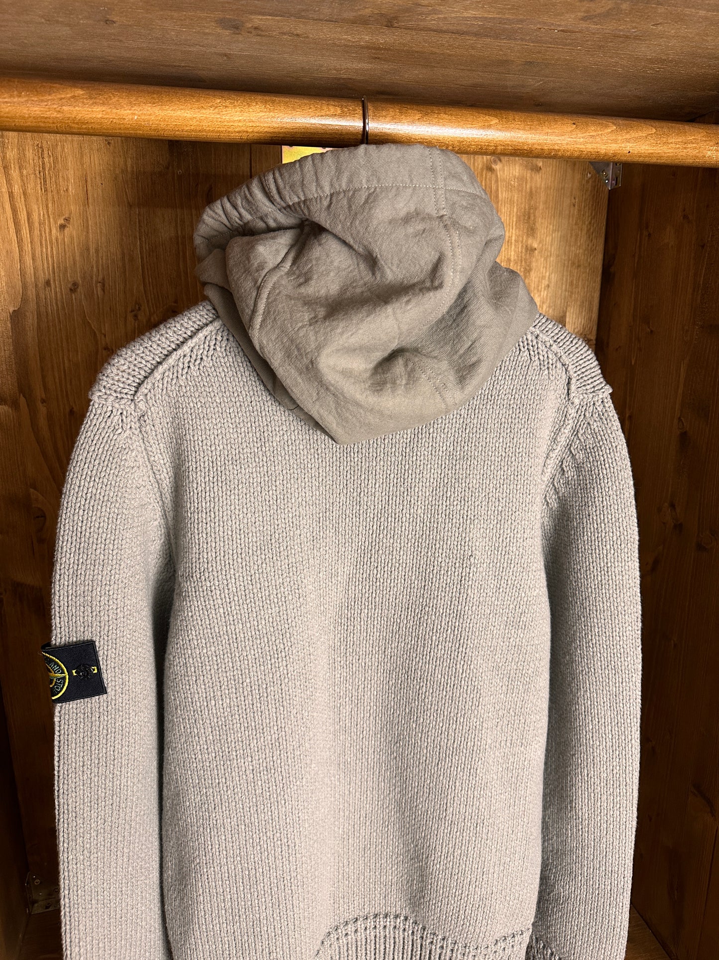 AW13 CROCHET WOOL HOODED JACKET in Stone Grey