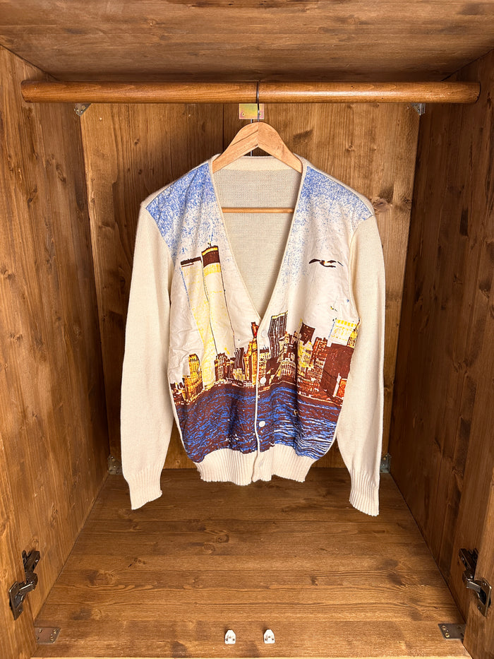 AW80s “NYC view print” WOOL CARDIGAN in White