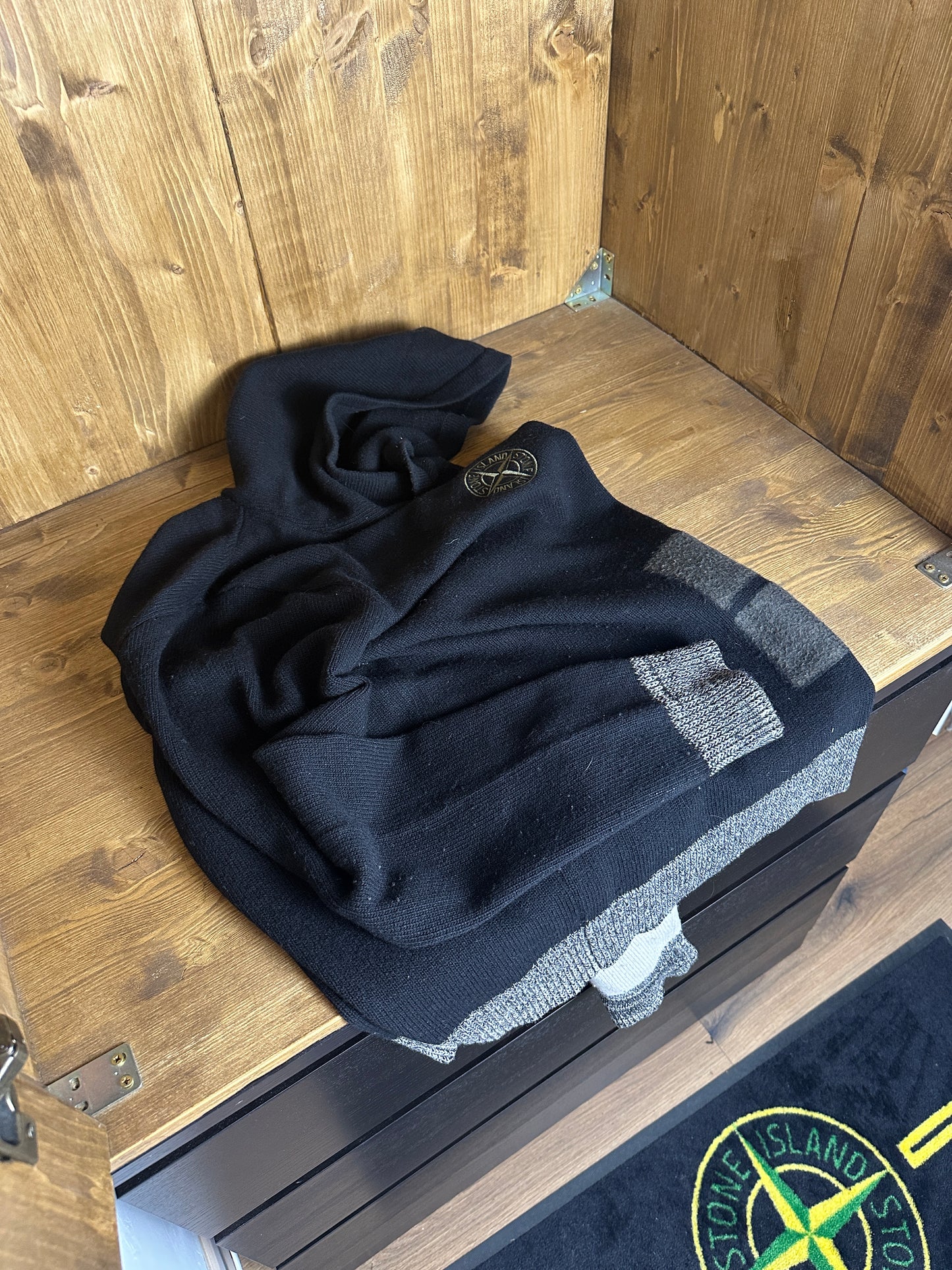 AW21 EMBROIDERED COMPASS WOOL HOODIE in Black & Grey Silk Grey