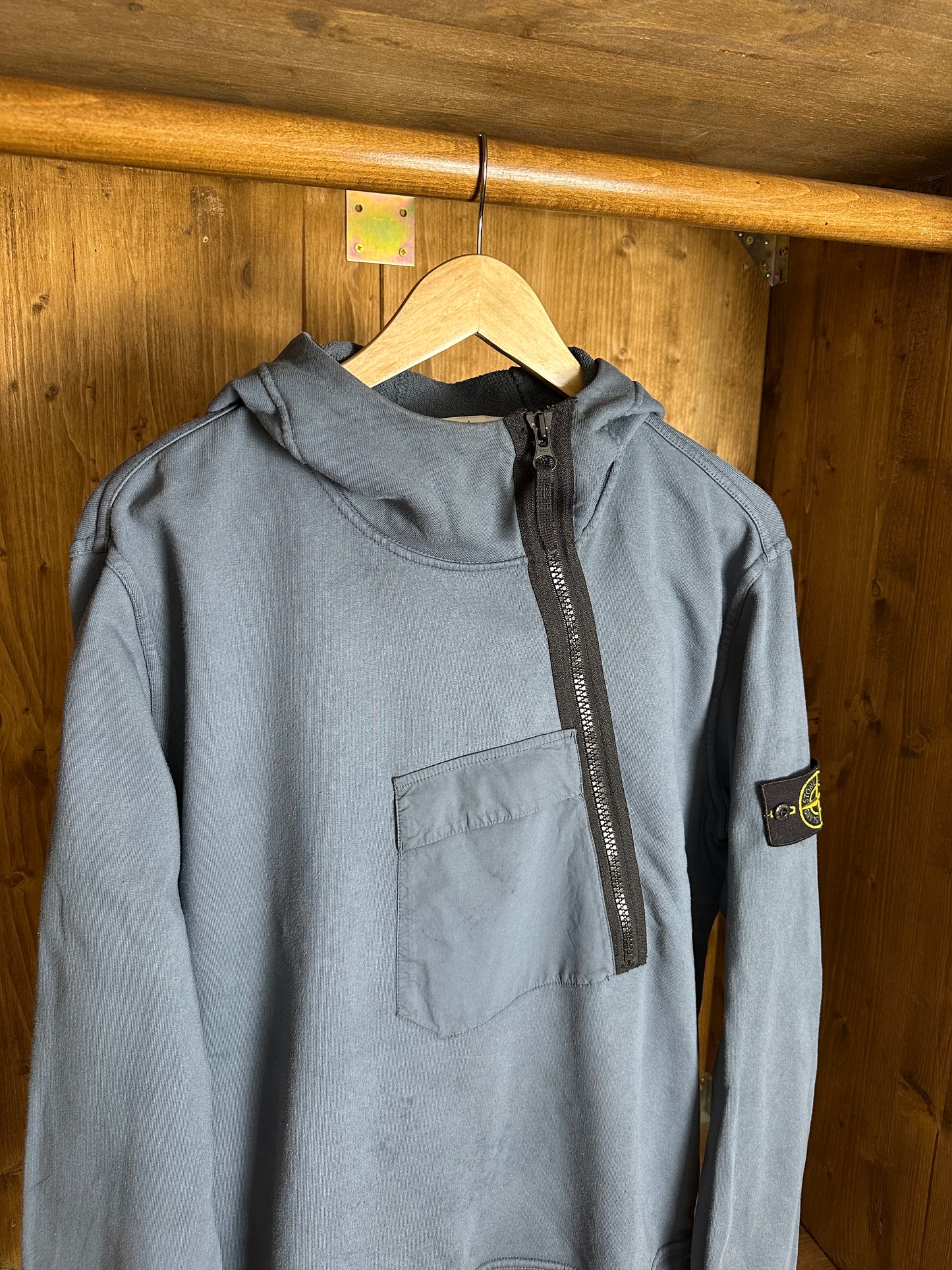 SS18 DIAGONAL ZIP COTTON HOODIE in Blue Grey (dyed from White)