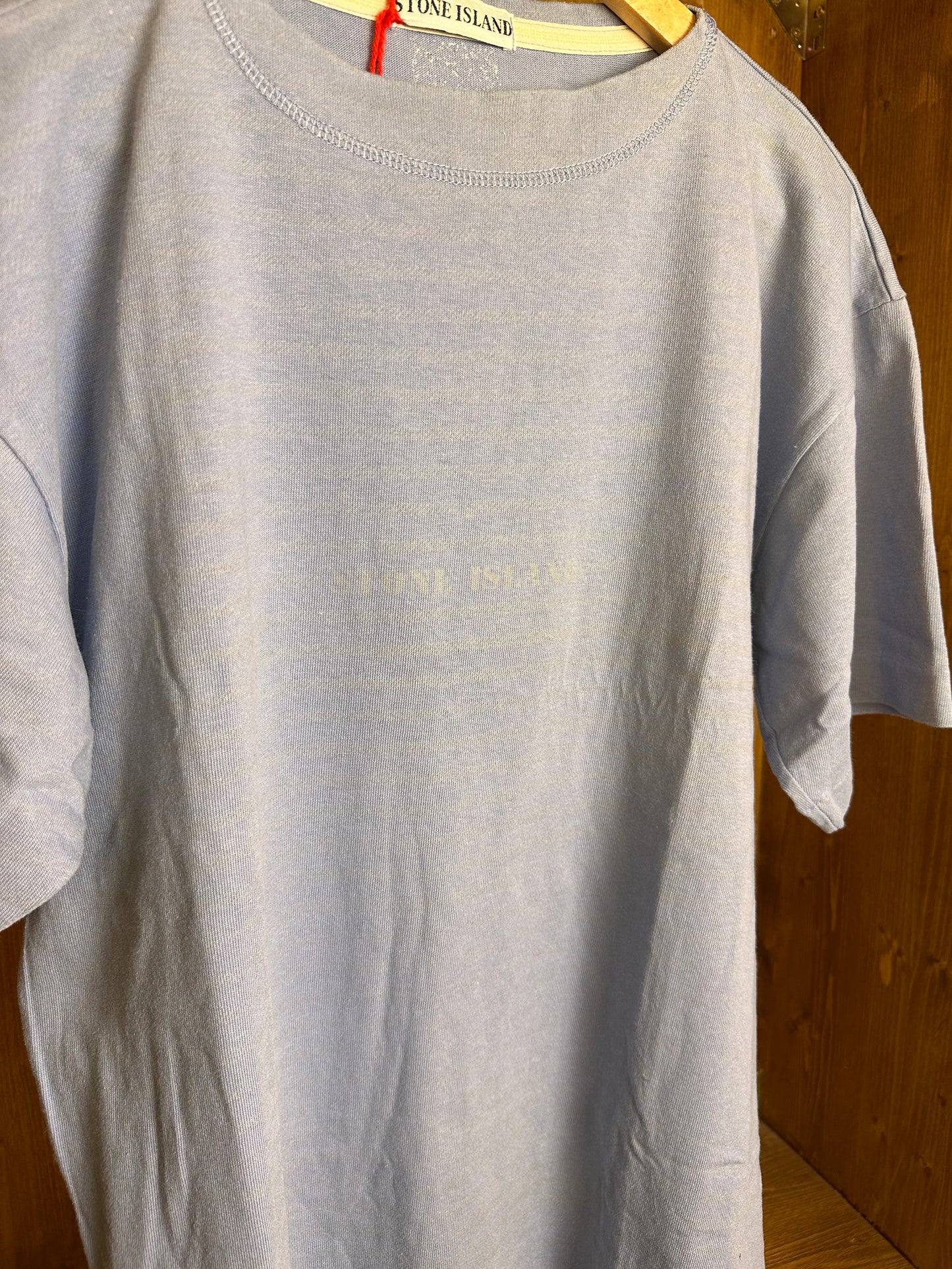 SS80s STRIPED TEE FRONT SPELLOUT in Light Blue