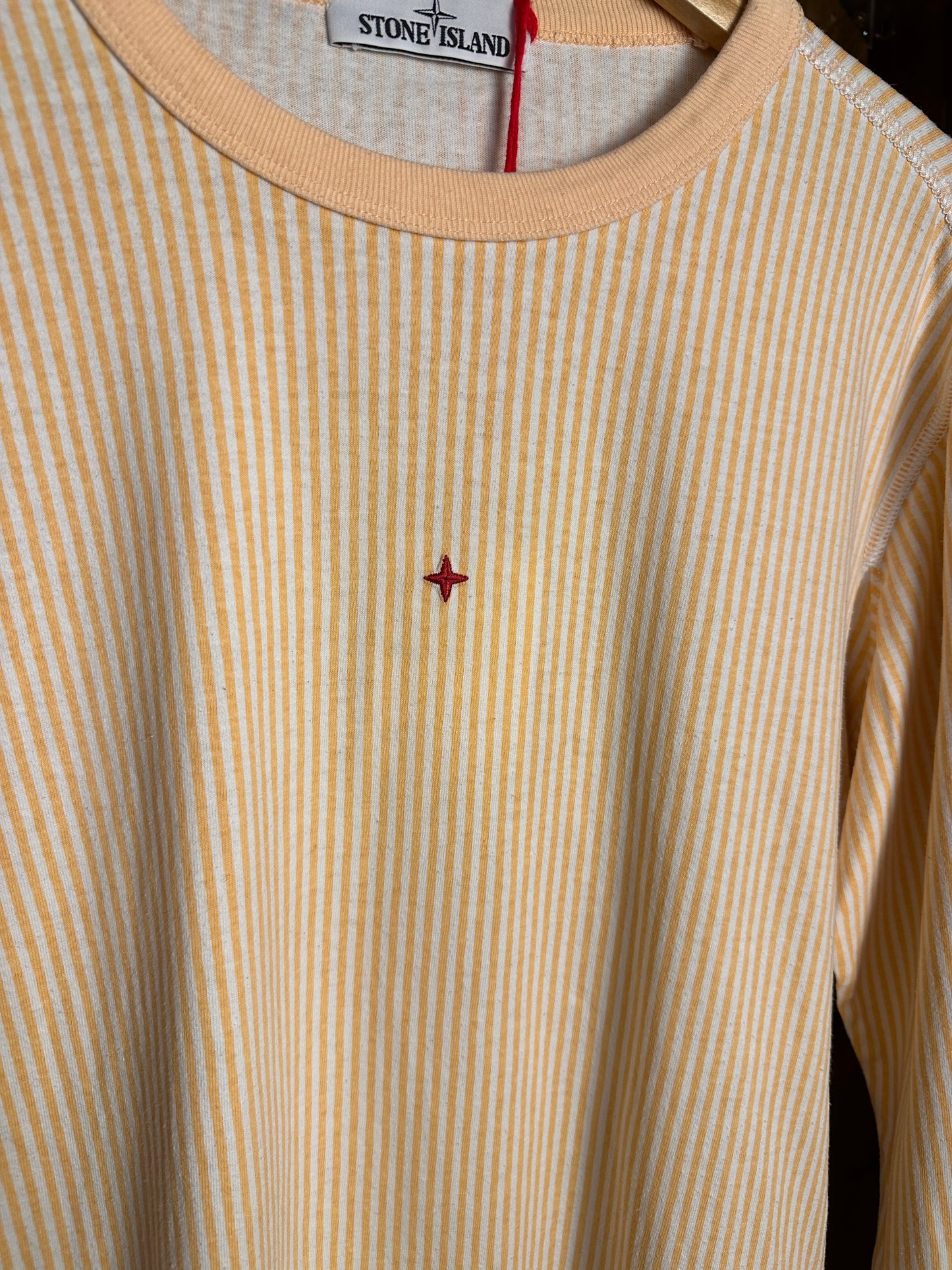 SS18 STONE ISLAND MARINA STRIPED BOX LOGO TEE in Saffron Yellow & White