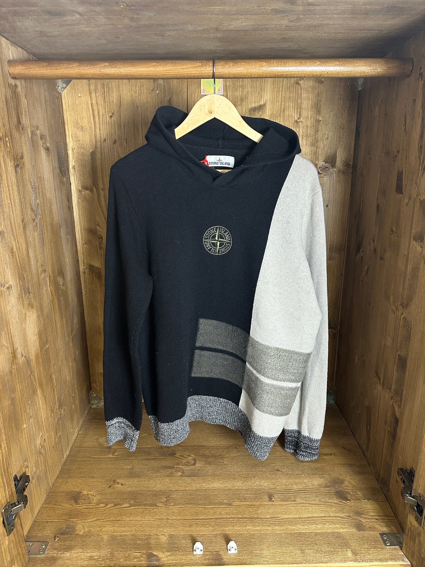 AW21 EMBROIDERED COMPASS WOOL HOODIE in Black & Grey Silk Grey