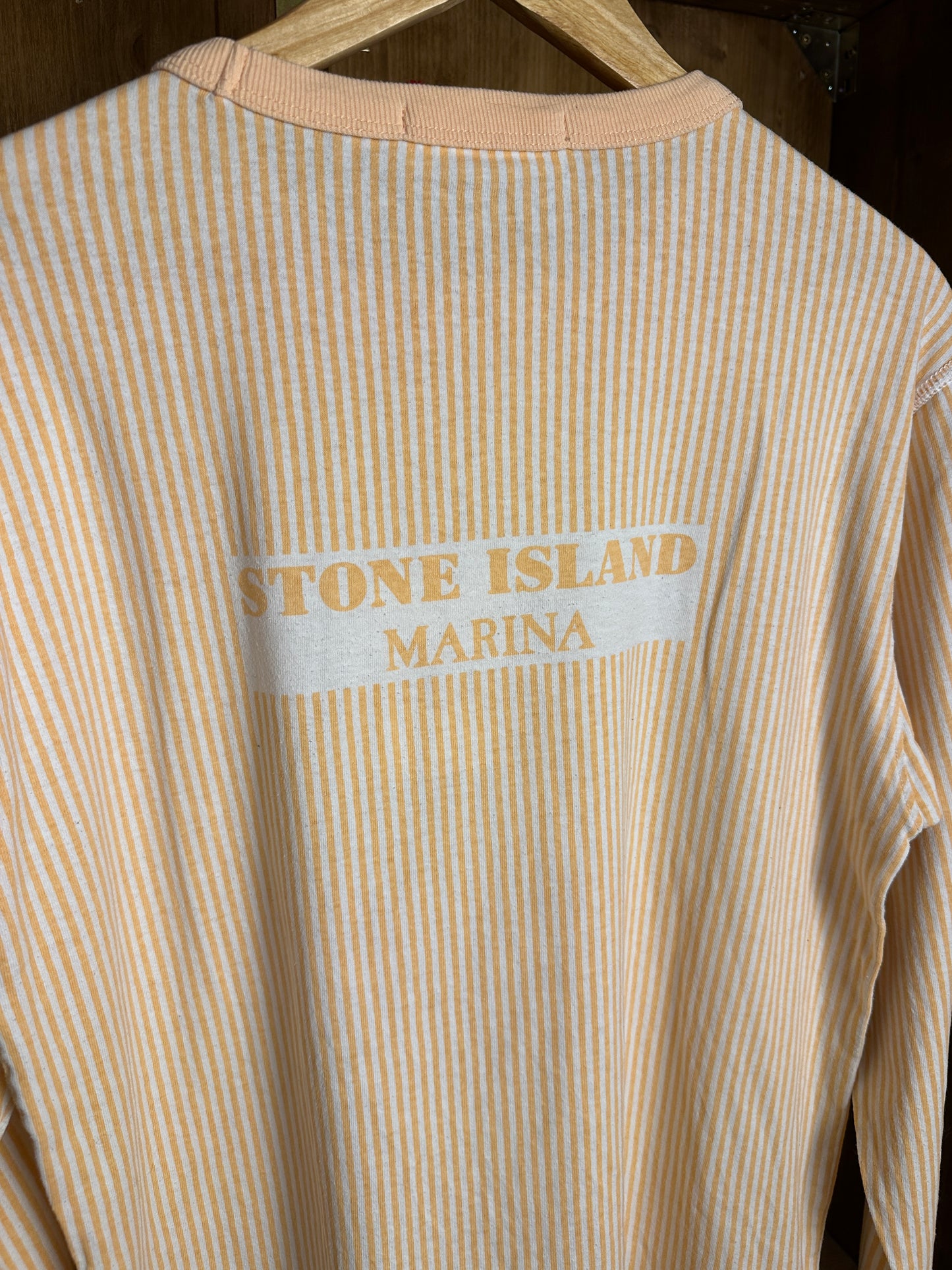 SS18 STONE ISLAND MARINA STRIPED BOX LOGO TEE in Saffron Yellow & White