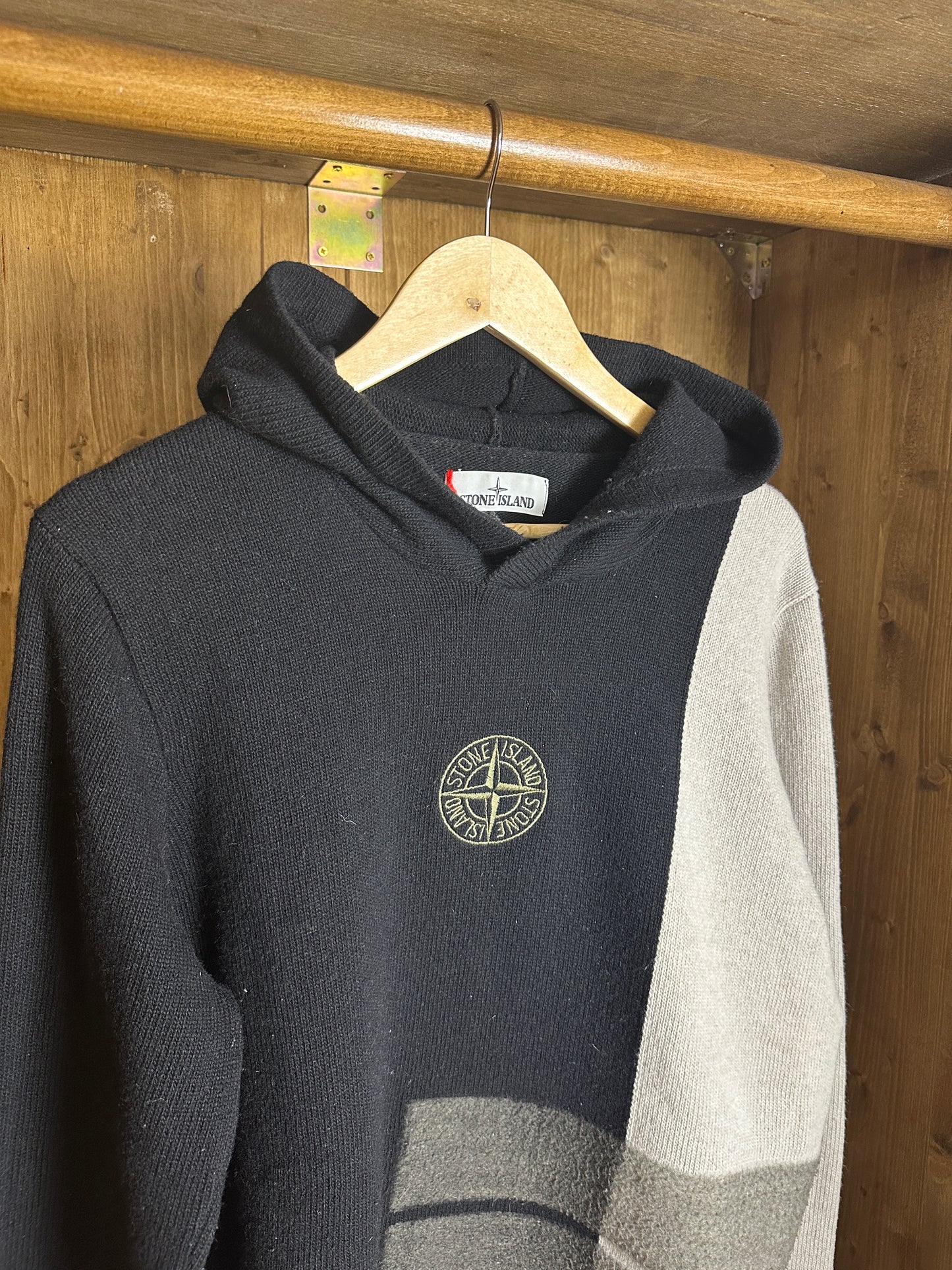 AW21 EMBROIDERED COMPASS WOOL HOODIE in Black & Grey Silk Grey