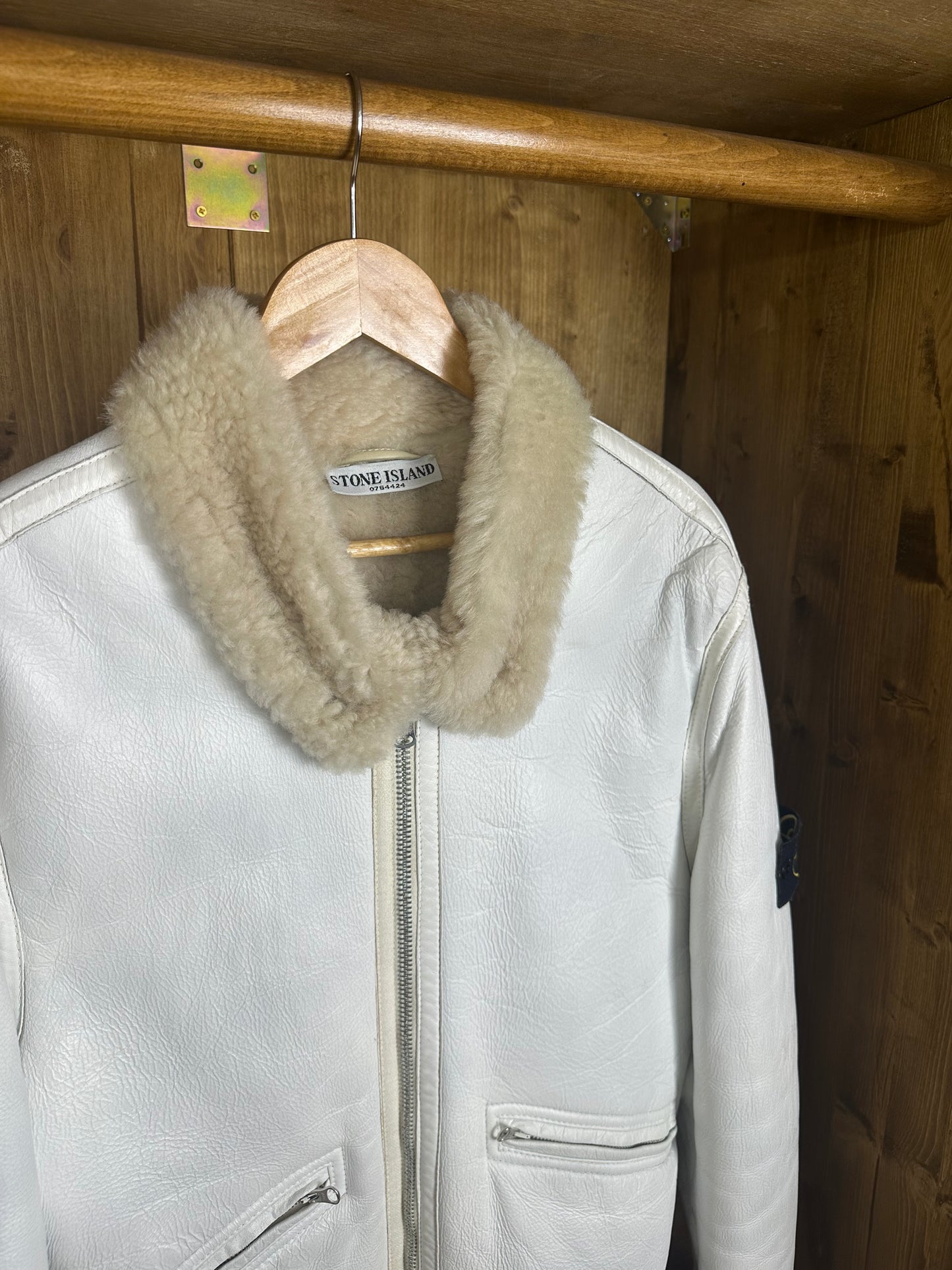 AW06-07 HANDPAINTED SHEEPSKIN BOMBER in Glacial White from Archivio
