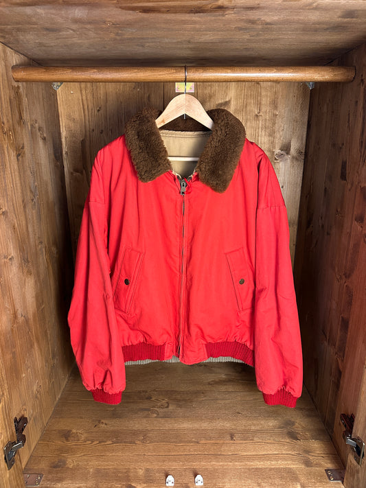 AW84 REVERSIBLE FUR COLLAR BOMBER in Orient Red & Beige Red