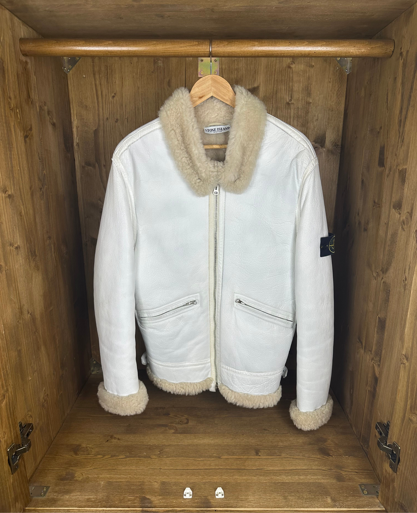 AW06-07 HANDPAINTED SHEEPSKIN BOMBER in Glacial White from Archivio