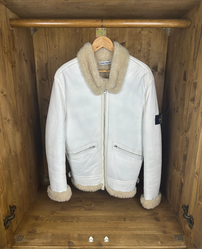 AW06-07 HANDPAINTED SHEEPSKIN BOMBER in Glacial White from Archivio