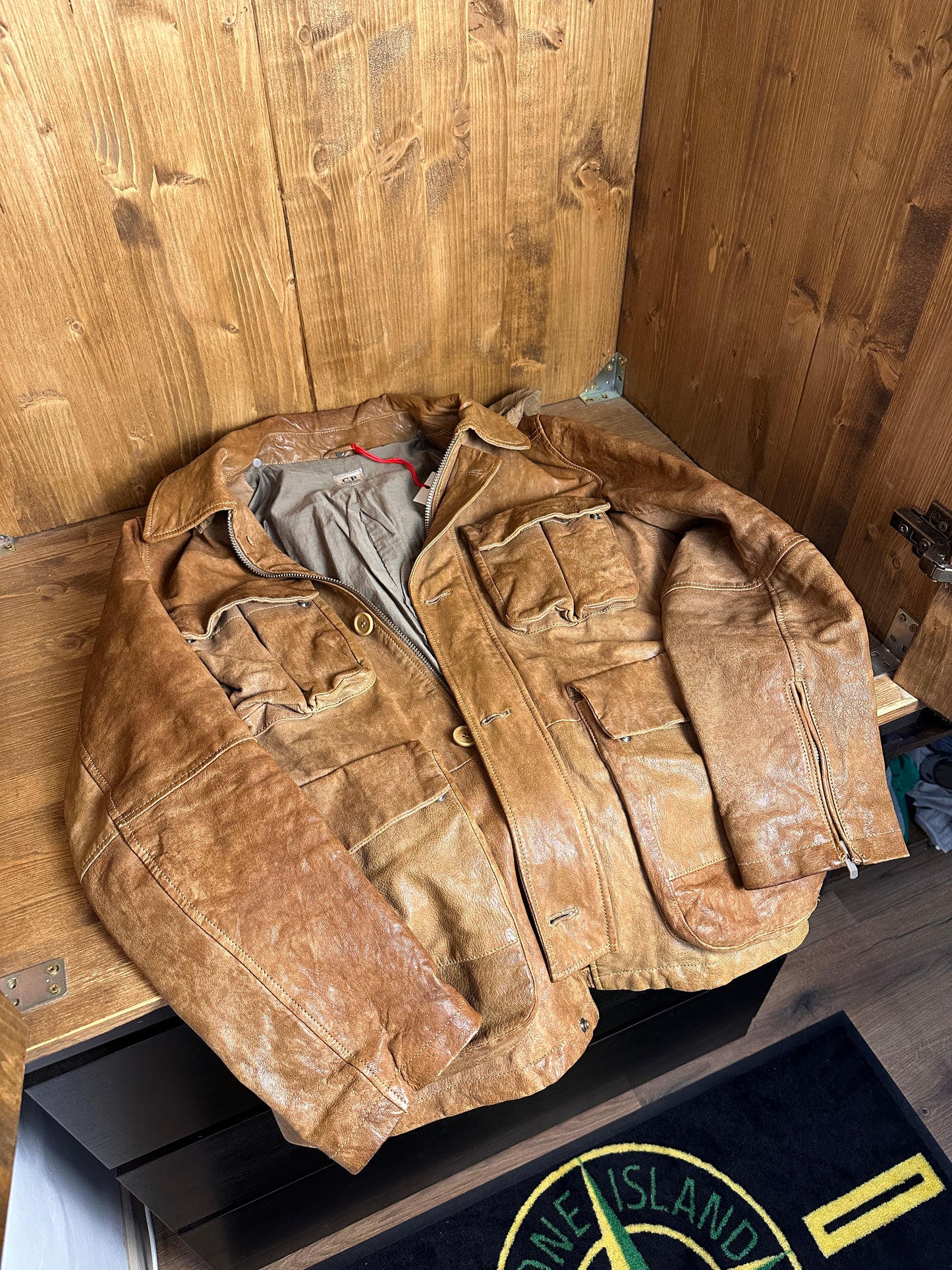 AW09 C.P. COMPANY LEATHER GOGGLE JACKET in Brown Beige