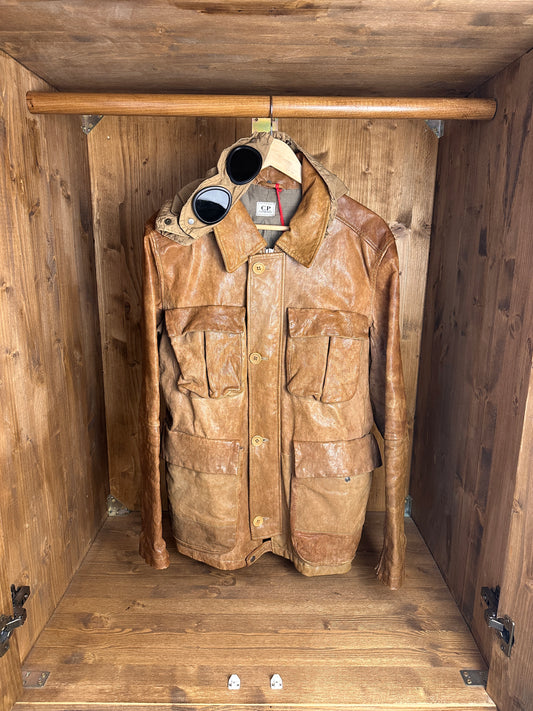 AW09 C.P. COMPANY LEATHER GOGGLE JACKET in Brown Beige