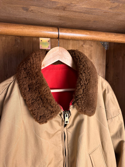 AW84 REVERSIBLE FUR COLLAR BOMBER in Orient Red & Beige Red