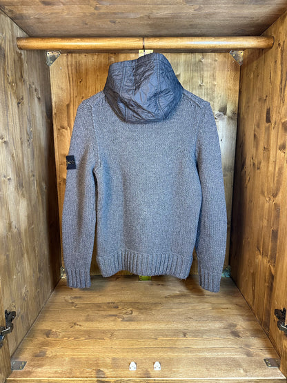 AW13 GREY WOOL ZIP JUMPER with polyamide quilted hood