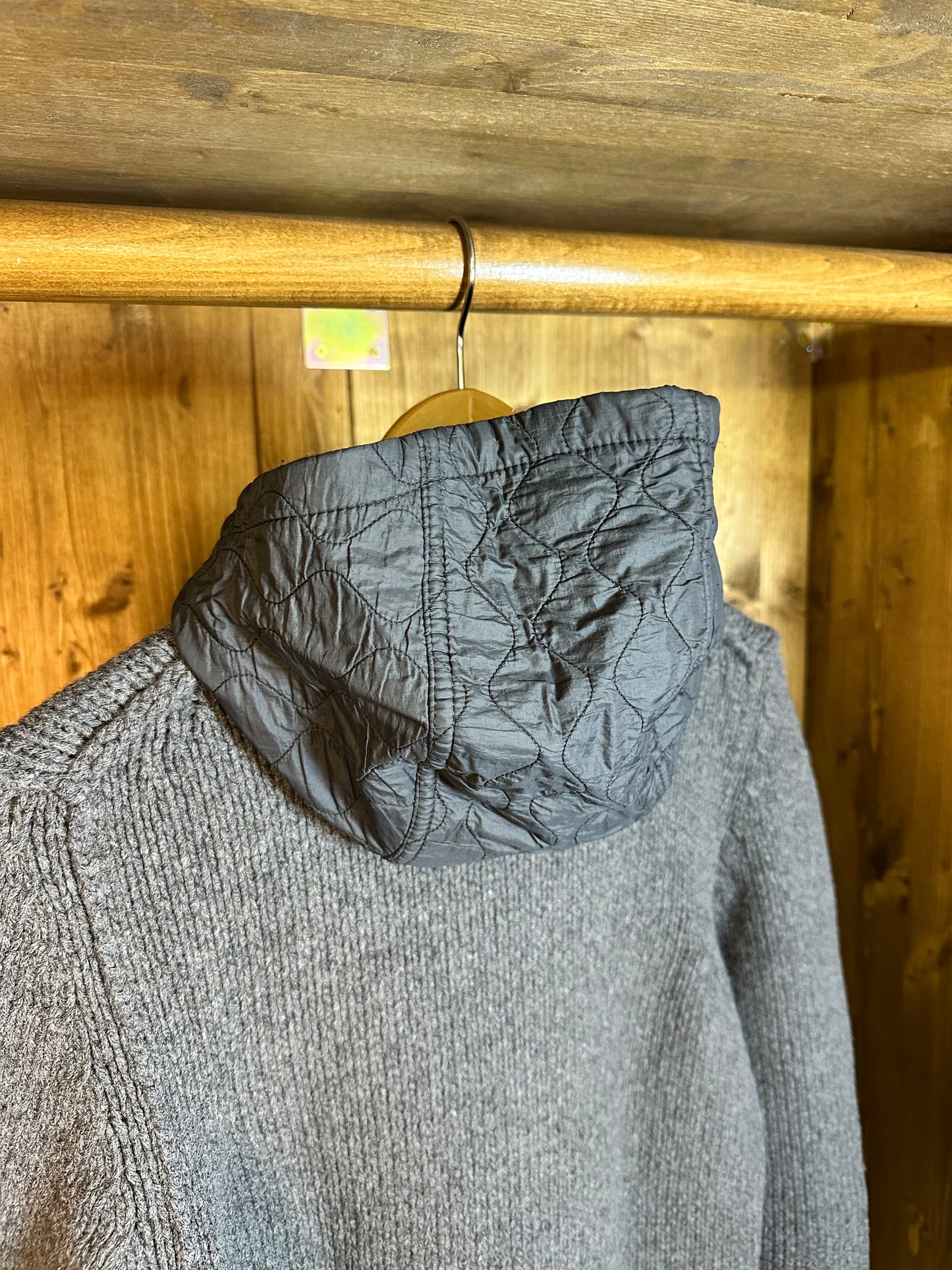 AW13 GREY WOOL ZIP JUMPER with polyamide quilted hood