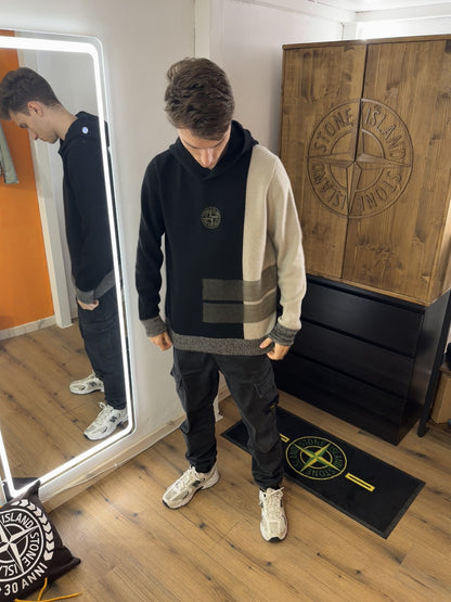 AW21 EMBROIDERED COMPASS WOOL HOODIE in Black & Grey Silk Grey